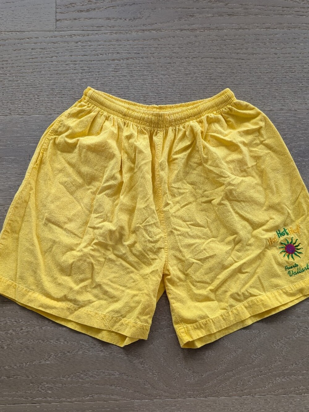 Bright Yellow Elastic Waist Shorts with Embroidered Sun